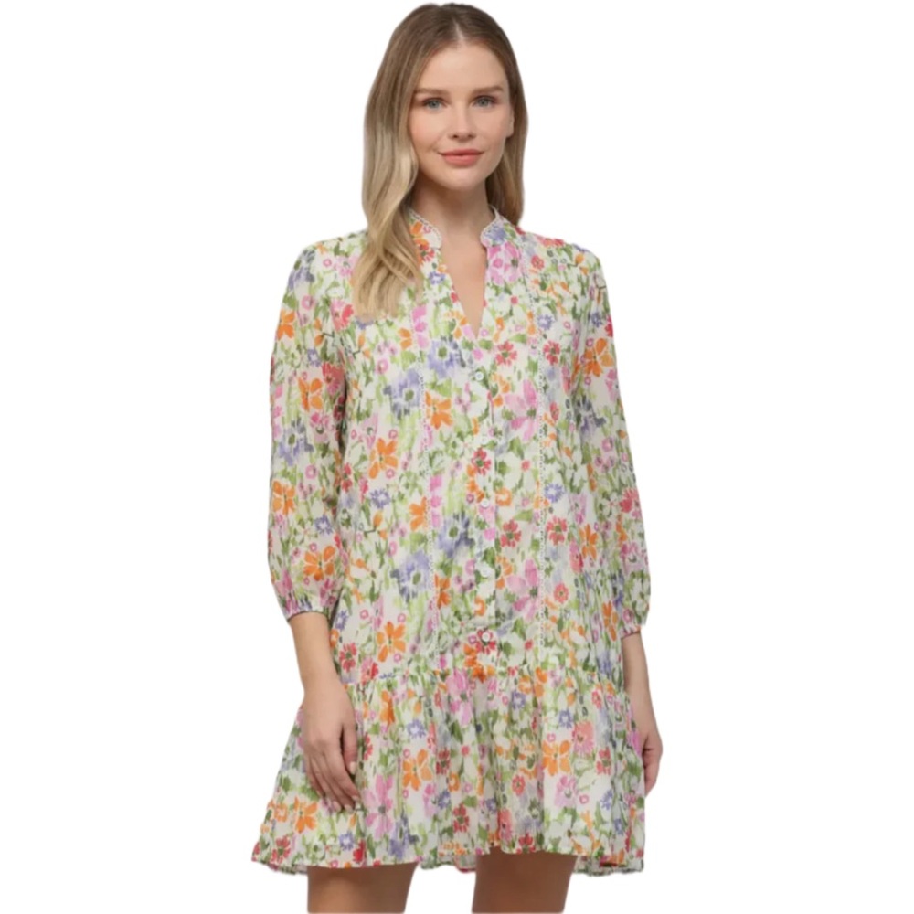 Fate Multi-Color Floral Voile Dress Long Sleeve Medium 100% Cotton Summer